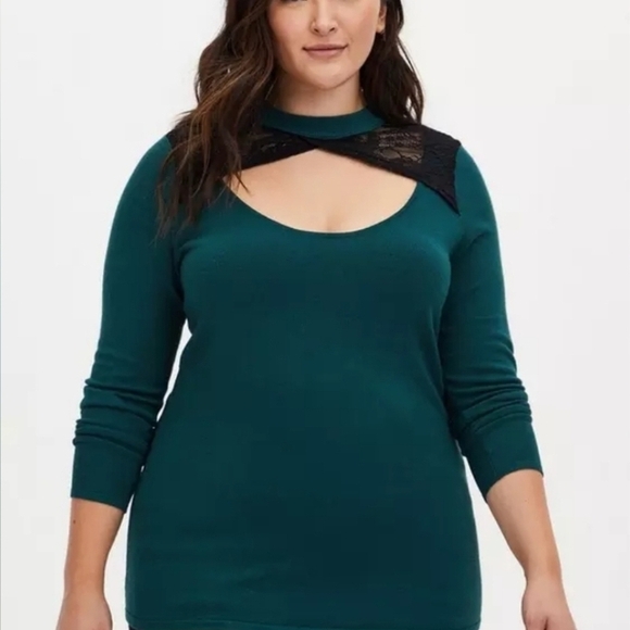 torrid Tops - Torrid Teal Long Sleeve Top with Black Lace Detail - Size 3